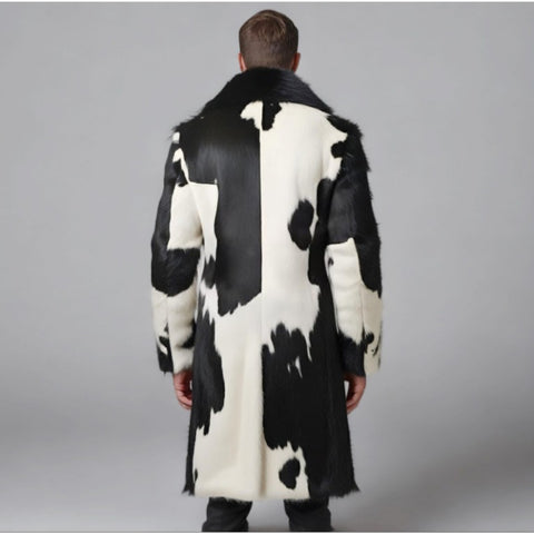 Men’s Genuine Cowhide Black & White Western Trench Coat – Long Duster Jacket