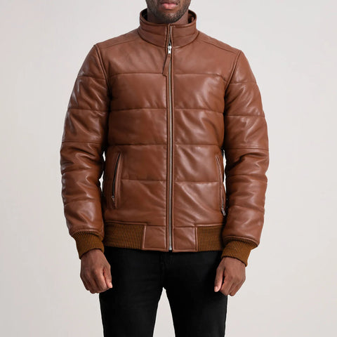 Men’s Brown Real Leather Puffer Jacket – Premium Quilted Winter Leather Coat
