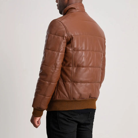 Men’s Brown Real Leather Puffer Jacket – Premium Quilted Winter Leather Coat