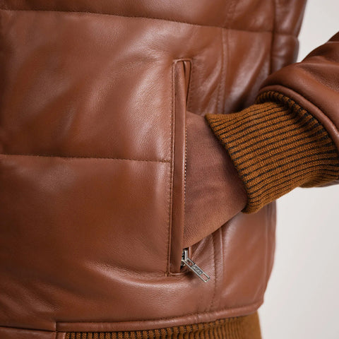 Men’s Brown Real Leather Puffer Jacket – Premium Quilted Winter Leather Coat