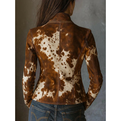 Women’s Western Cowhide Leather Jacket – Handmade Brown & White Hair-On Slim Fit Vintage Ranch Blazer