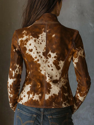 Women’s Western Cowhide Leather Jacket – Handmade Hairon Hide Brown & White Slim Fit Blazer with Vintage Cowboy Ranch Style