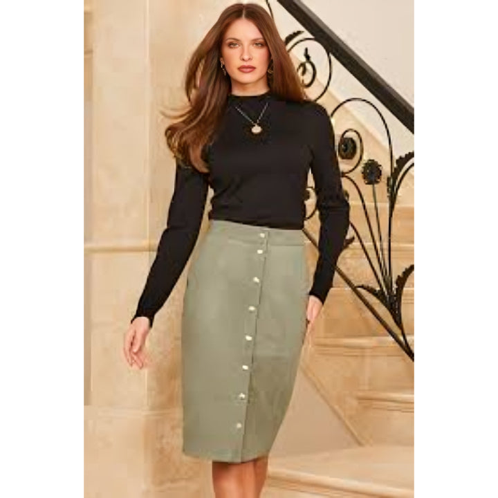 Premium Leather Pencil Skirt – Popper Front & Waist-Defining Panel