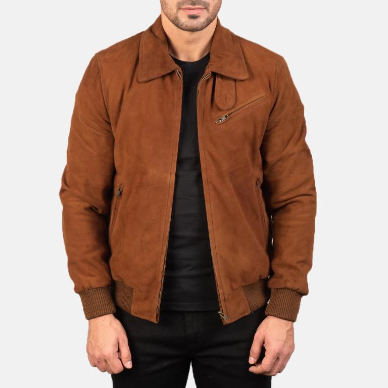 Men’s Brown Suede Leather Bomber Jacket | Handmade Genuine Suede Outerwear | Classic Zippered Flight Jacket with Ribbed Cuffs
