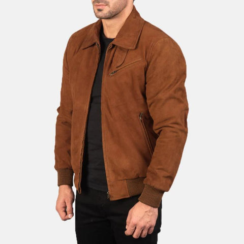 Men’s Brown Suede Leather Bomber Jacket | Handmade Genuine Suede Outerwear | Classic Zippered Flight Jacket with Ribbed Cuffs