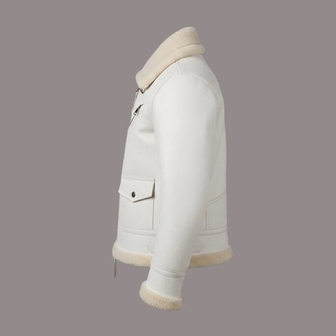 Men’s Real Leather Shearling Jacket – Premium Off-White Winter Aviator Coat