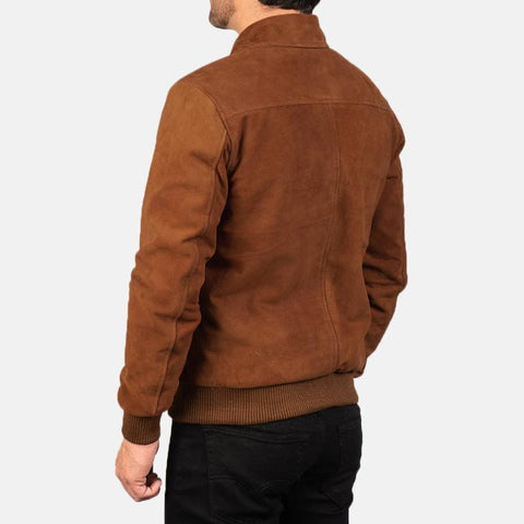 Men’s Brown Suede Leather Bomber Jacket | Handmade Genuine Suede Outerwear | Classic Zippered Flight Jacket with Ribbed Cuffs