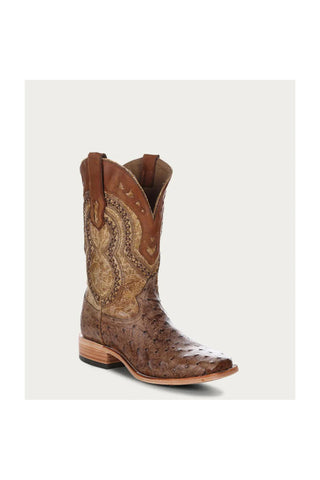 Men’s Brown Cowboy Boots – Ostrich-Style Leather Foot with Western Embroidered Shaft