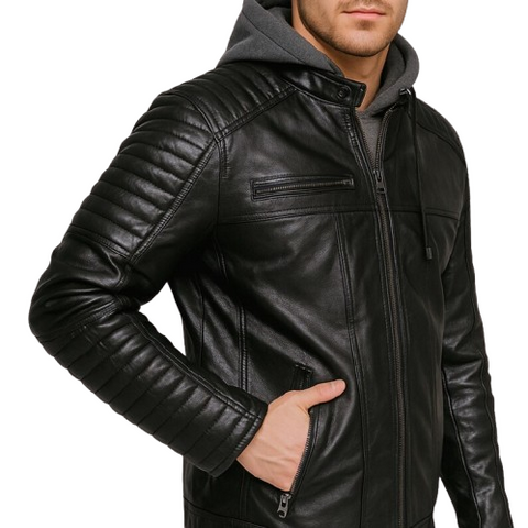 Men’s Black Leather Motorcycle Bomber Jacket | Quilted Sleeves & Removable Hood | Biker Style Jacket