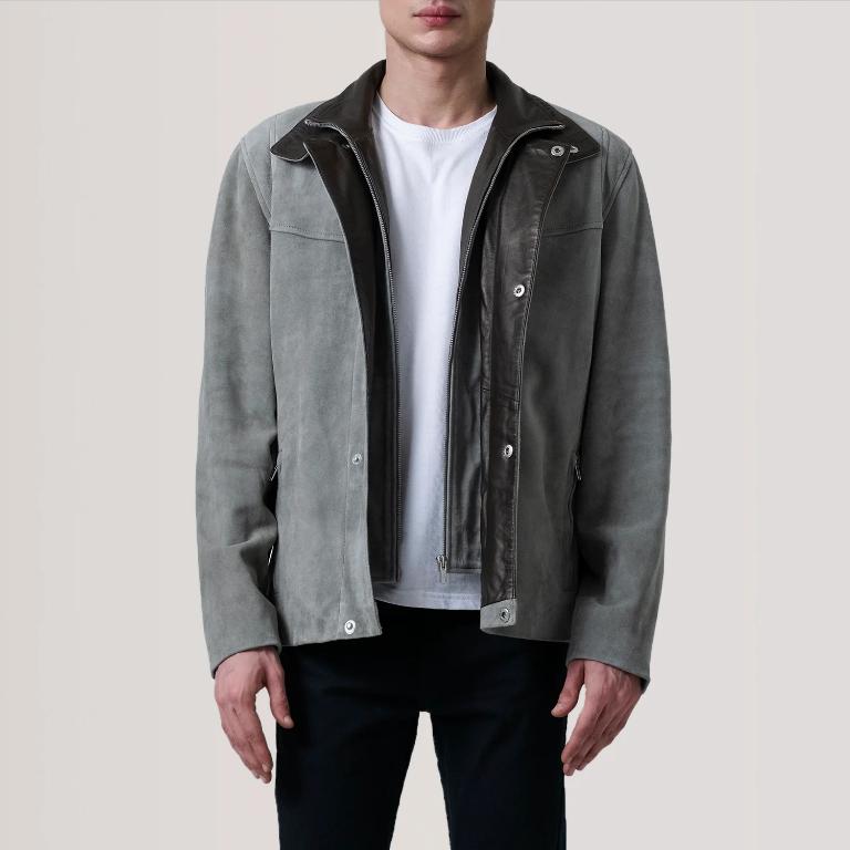 Men’s Grey Suede Leather Jacket | Dual-Layer Design | Genuine Soft Suede Outerwear with Inner Zipper & Snap Closure
