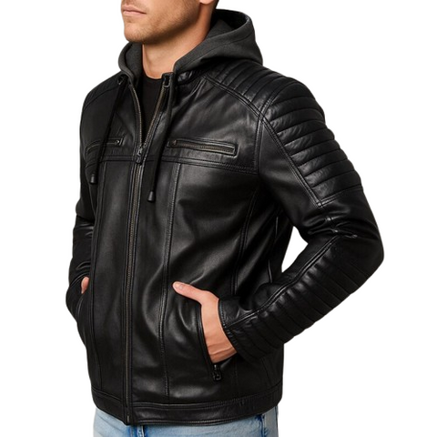 Men’s Black Leather Motorcycle Bomber Jacket | Quilted Sleeves & Removable Hood | Biker Style Jacket