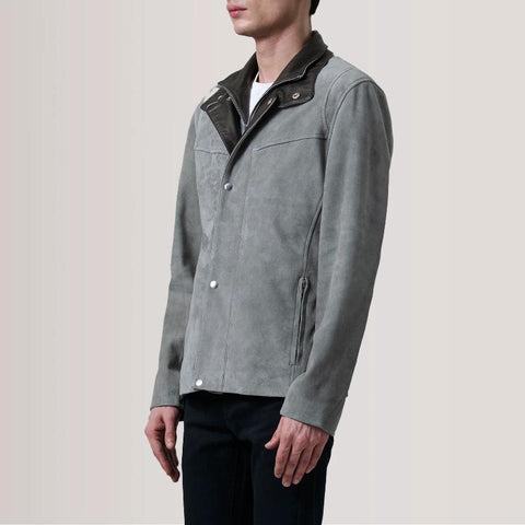 Men’s Grey Suede Leather Jacket | Dual-Layer Design | Genuine Soft Suede Outerwear with Inner Zipper & Snap Closure