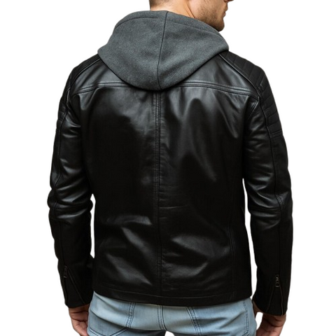 Men’s Black Leather Motorcycle Bomber Jacket | Quilted Sleeves & Removable Hood | Biker Style Jacket