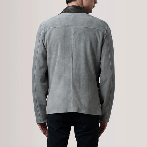 Men’s Grey Suede Leather Jacket | Dual-Layer Design | Genuine Soft Suede Outerwear with Inner Zipper & Snap Closure