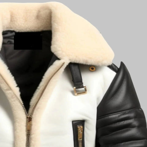 Men Real Leather Shearling Jacket – B3 Aviator Black & White Winter Coat