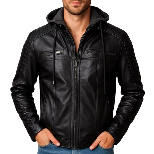 Men’s Black Leather Motorcycle Bomber Jacket | Quilted Sleeves & Removable Hood | Biker Style Jacket