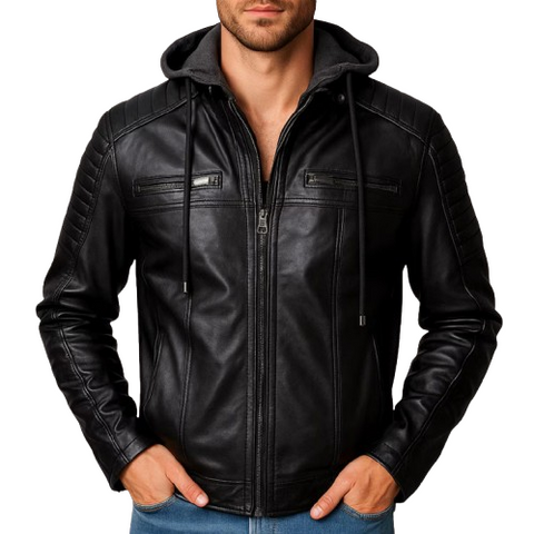Men’s Black Leather Motorcycle Bomber Jacket | Quilted Sleeves & Removable Hood | Biker Style Jacket