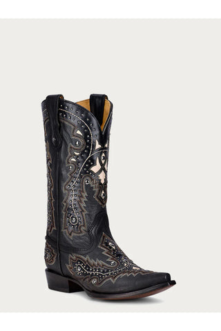 Men’s Black High Cowboy Boots&Shoes – Embroidered Western Boot with Studded Inlay & Snip Toe
