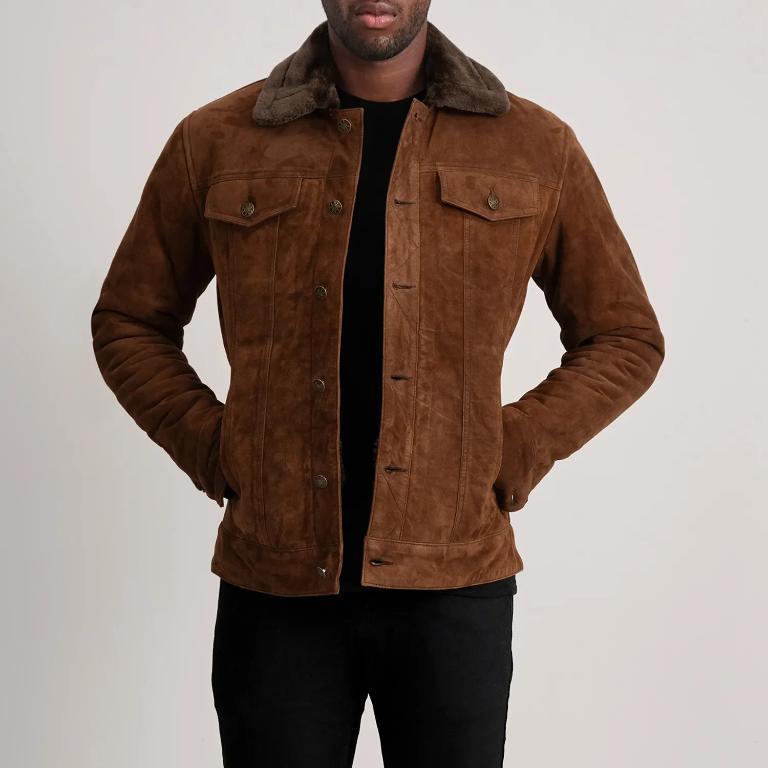 Men’s Brown Suede Shearling Trucker Jacket | Classic Winter Outerwear | Genuine Leather Warm Lined Vintage Style