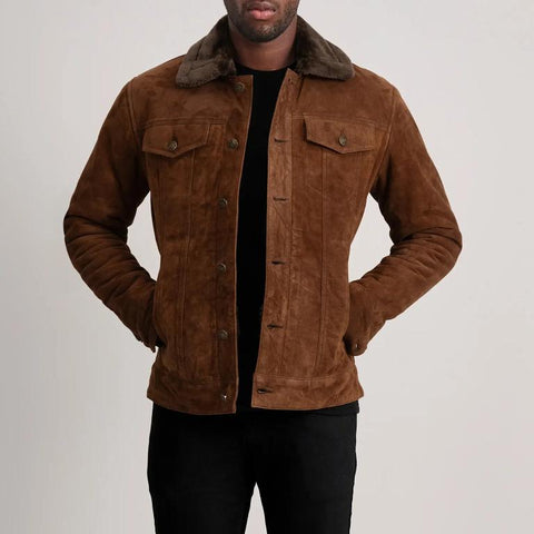 Men’s Brown Suede Shearling Trucker Jacket | Classic Winter Outerwear | Genuine Leather Warm Lined Vintage Style