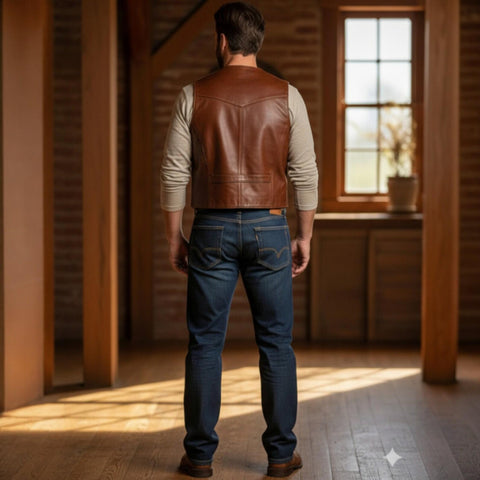 Handmade Genuine Leather Cowboy Vest for Men | Classic Western Waistcoat | Durable Vintage Outfit