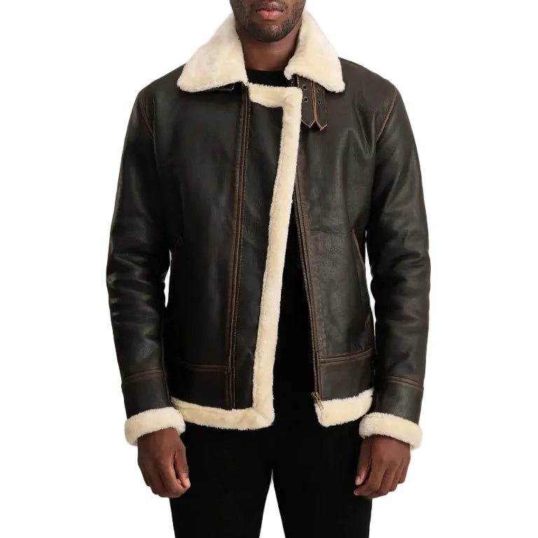 Shop men’s brown leather shearling jacket with warm fur lining. Premium aviator winter coat made from genuine leather for stylish and comfortable cold weather wear.
