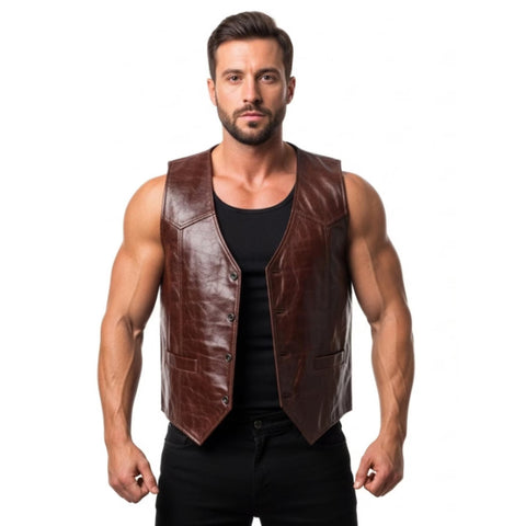 Shop men’s handmade leather biker vests in the UK. Genuine open-front waistcoat with vintage motorcycle club style – rugged, classic & built to last.