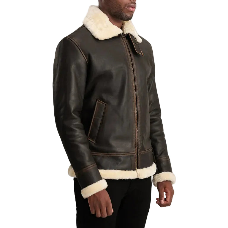 Shop men’s brown leather shearling jacket with warm fur lining. Premium aviator winter coat made from genuine leather for stylish and comfortable cold weather wear.