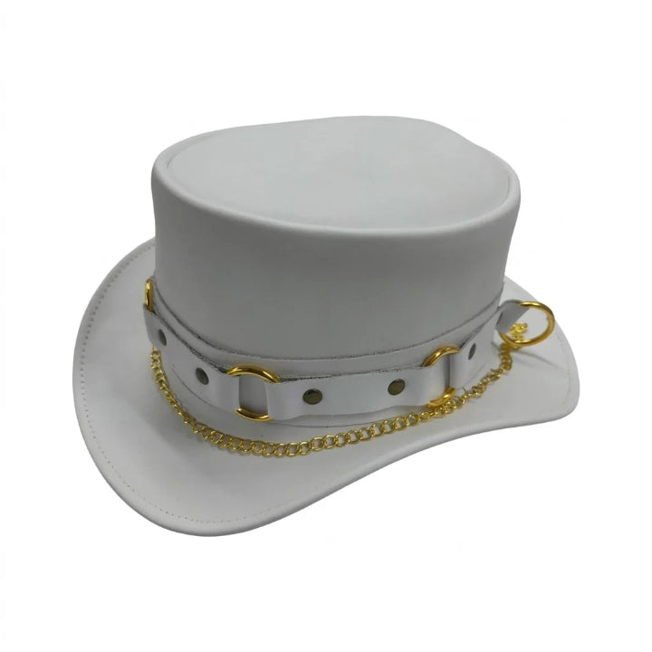  Gothic Steampunk White Leather Top Hat – Artisan Handcrafted Headwear with Gold Curb Chain and D-Ring Hardware Accents