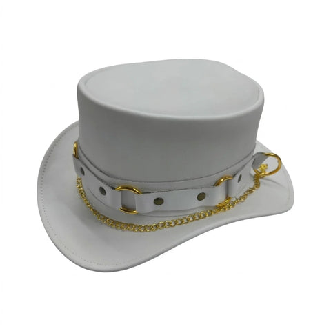 Gothic Steampunk White Leather Top Hat – Artisan Handcrafted Headwear with Gold Curb Chain and D-Ring Hardware Accents