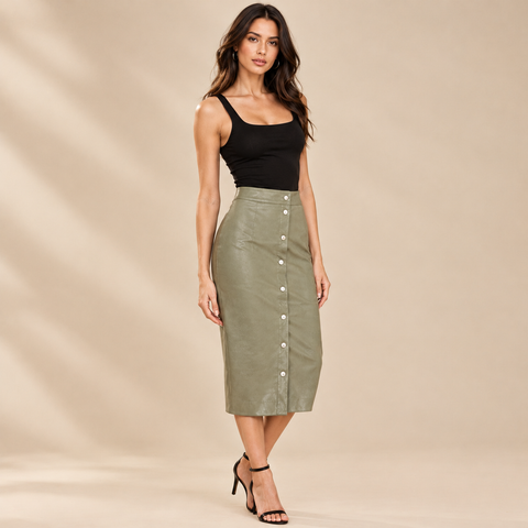 Olive Green Genuine Leather Button-Front Midi Skirt