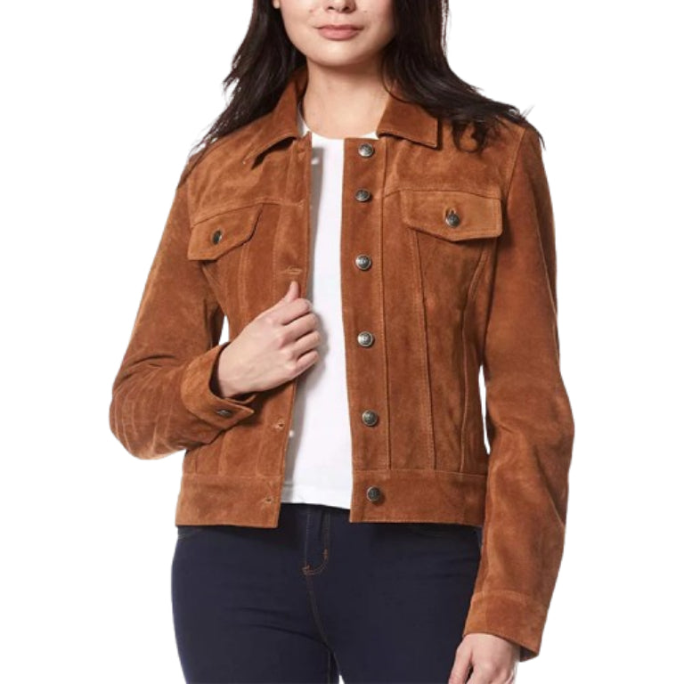 Women’s Real Suede Leather Jacket Tan Button Front Classic Trucker Style