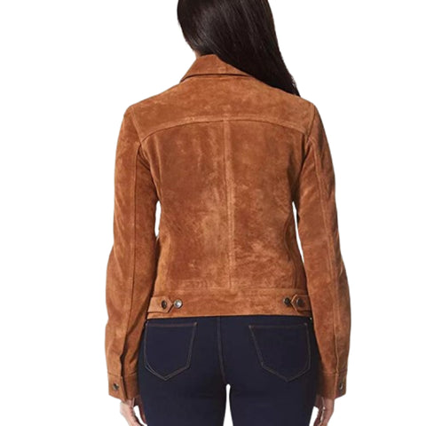 Women’s Real Suede Leather Jacket Tan Button Front Classic Trucker Style