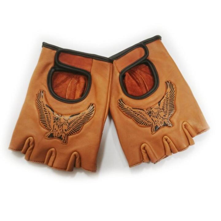 Tan Leather Finger less Eagle Gloves – Premium Biker & Western Riding Gloves UK