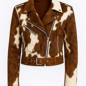 Trendy Women’s Cow Print Leather Jacket – Real Cowhide Moto Biker Style with Belted Waist & Zipper Pockets