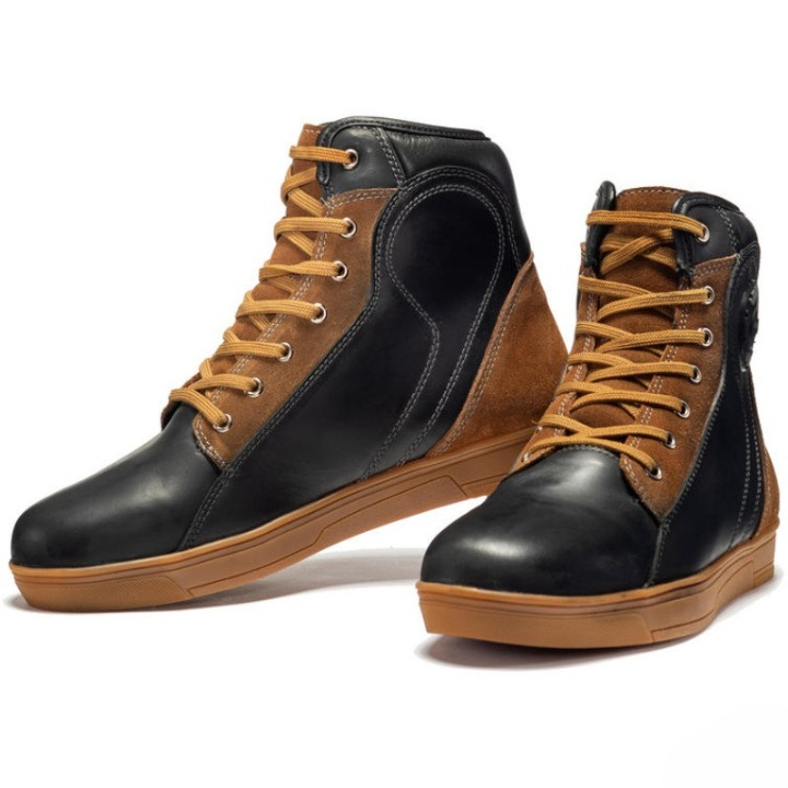 Urban Leather Motorcycle Sneakers Heritage Brown High Tops with Side Zip 