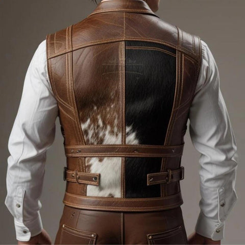 Men’s Genuine Cowhide Leather Vest – Handmade Brown & White Hair-On Hide Western Style Sleeveless Jacket with Unique Natural Patterns