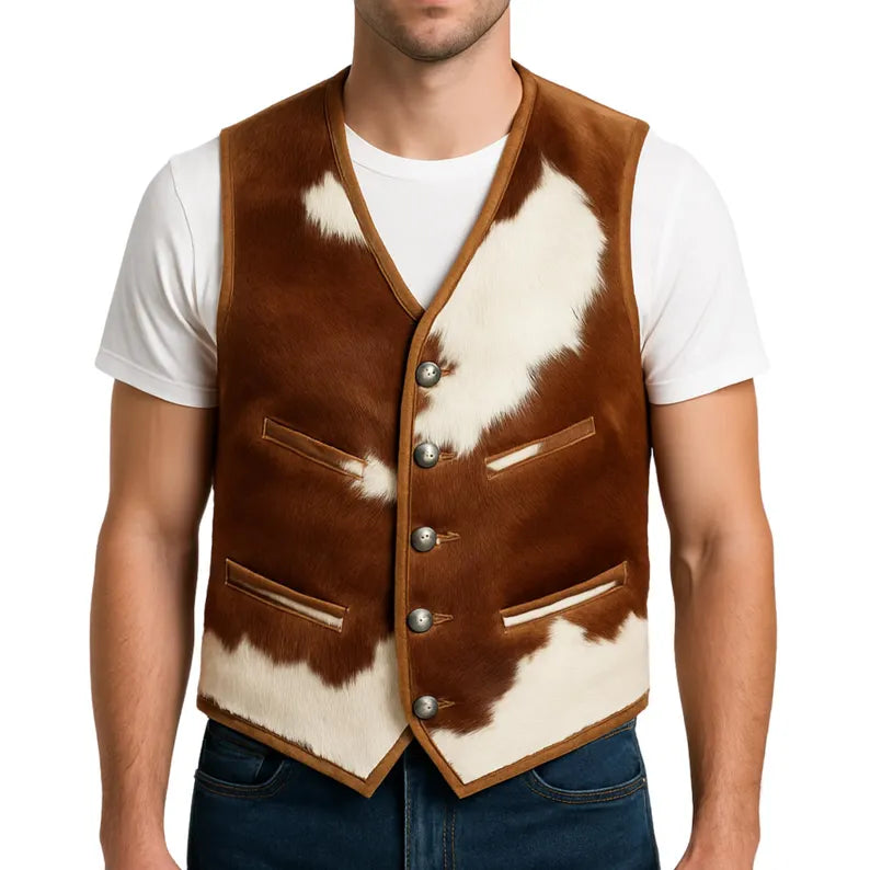 Men’s Genuine Cowhide Leather Vest – Handmade Brown & White Hair-On Hide Western Style Sleeveless Jacket with Unique Natural Patterns