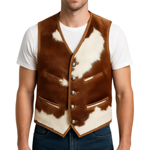 Men’s Genuine Cowhide Leather Vest – Handmade Brown & White Hair-On Hide Western Style Sleeveless Jacket with Unique Natural Patterns