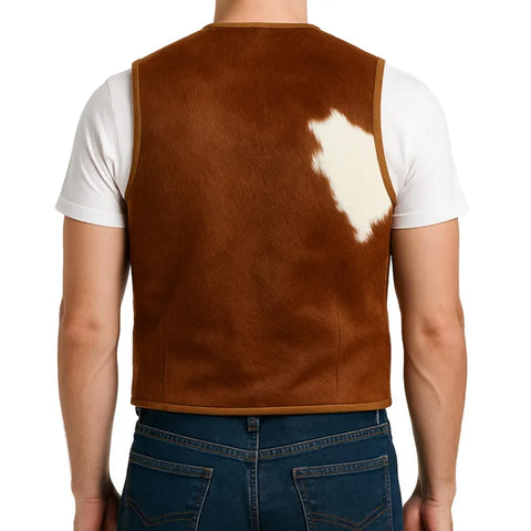 Men’s Genuine Cowhide Leather Vest – Handmade Brown & White Hair-On Hide Western Style Sleeveless Jacket with Unique Natural Patterns