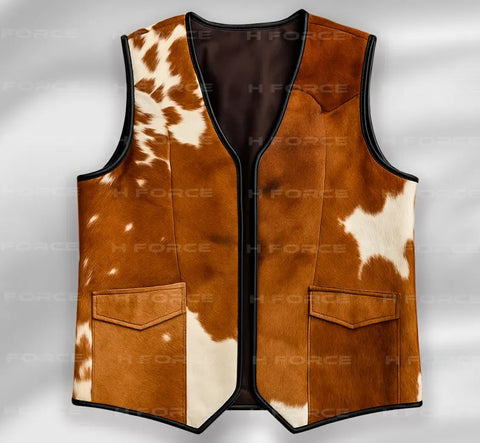 Men’s Genuine Cowhide Leather Vest – Handmade Brown & White Hair-On Hide Western Style Sleeveless Jacket with Unique Natural Patterns