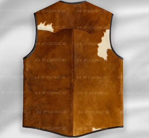 Men’s Genuine Cowhide Leather Vest – Handmade Brown & White Hair-On Hide Western Style Sleeveless Jacket with Unique Natural Patterns