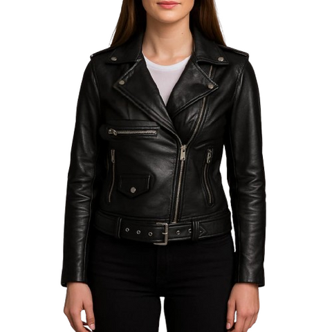 Women’s Black Genuine Leather Biker Jacket – Classic Moto Style with Belted Waist & Lapel Collar