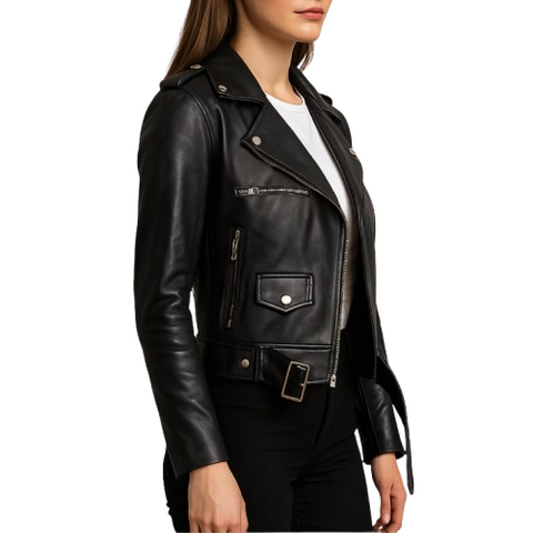 Women’s Black Genuine Leather Biker Jacket – Classic Moto Style with Belted Waist & Lapel Collar