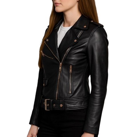 Women’s Black Genuine Leather Biker Jacket – Classic Moto Style with Belted Waist & Lapel Collar