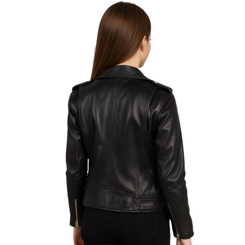 Women’s Black Genuine Leather Biker Jacket – Classic Moto Style with Belted Waist & Lapel Collar