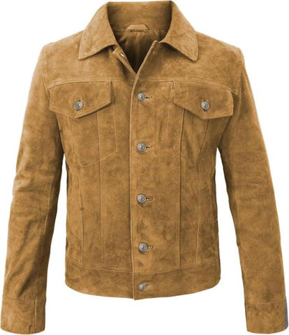 Vintage Trucker Suede Leather Jacket for Men | Classic Brown Genuine Suede Outerwear | Timeless Casual Streetwear Fashion Style