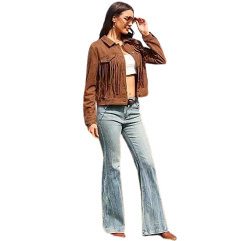 Women’s Real Suede Fringe Jacket Brown Western Style Ladies Tassel Cowgirl Fashion Coat