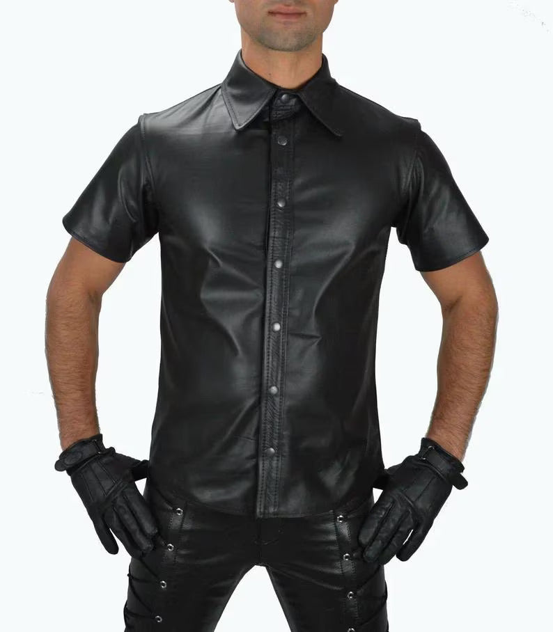 Men's & Boys 100 % Real High Quality Soft Lambskin Leather Motor Biker Black T-Shirt Slim Fit, Half Sleeves Beautiful Look