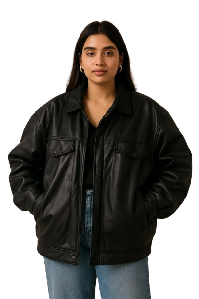 Women’s Oversized Leather Jacket – 90s Vintage Style Winter Coat